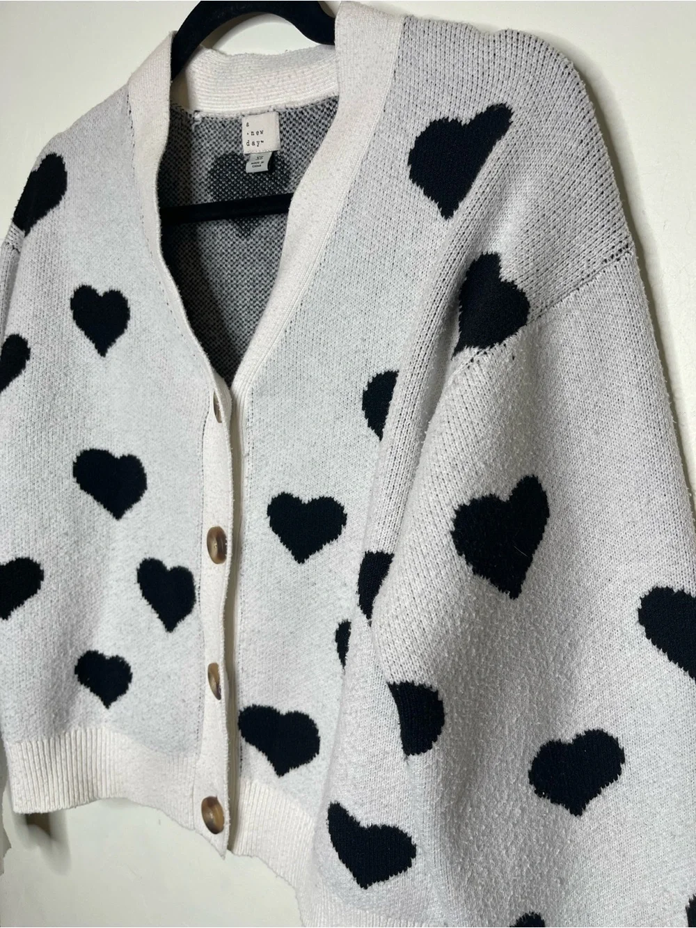 A New Day Black White Heart Button Cardigan Sweater XS